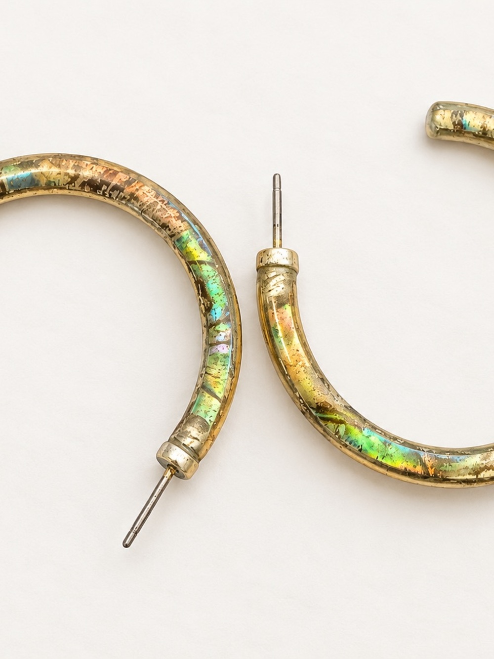 Gold Tone Iridescent Large Hoop Earrings Pierced Vintage Style Costume Jewelry
